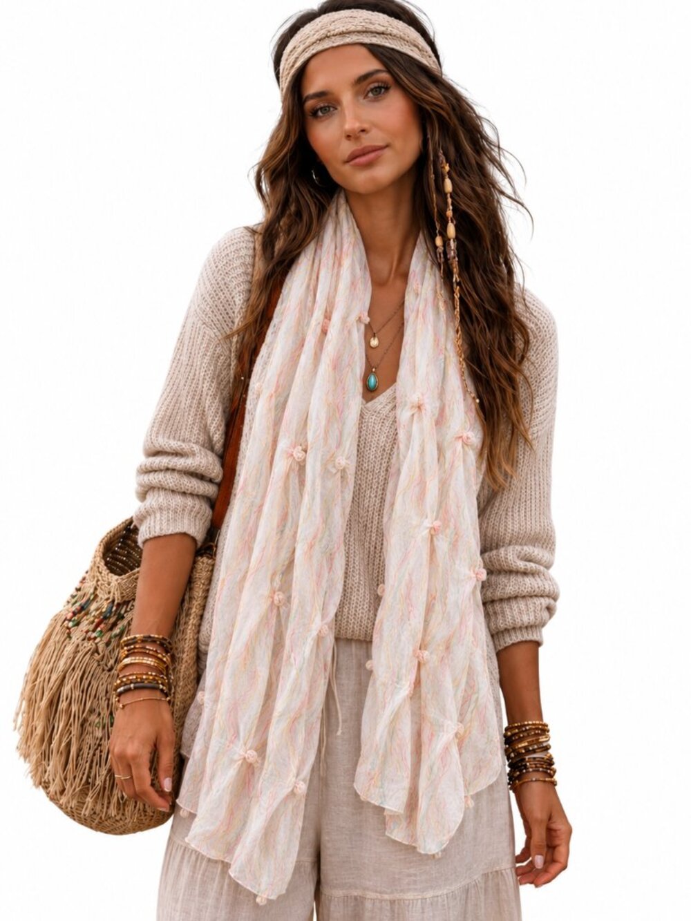 Watercolour Silk blend scarf, with puckered details and pearls
